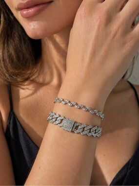 Fashion Jewelry Silver Crystal Tennis and Pave Cuban Link Bracelet Set